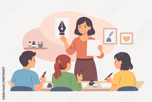 Female instructor teaching diverse children calligraphy art in classroom