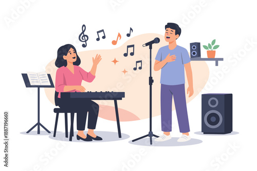 Young asian female pianist and male singer performing in music studio