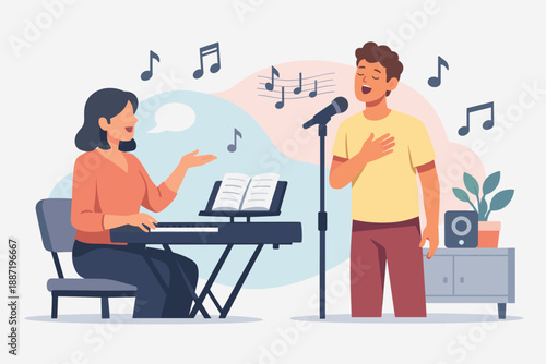 Young hispanic male singing with asian female pianist in music practice session