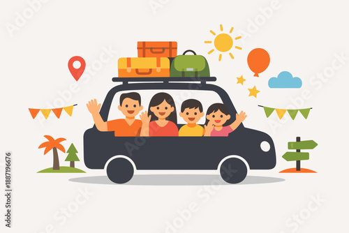 Happy family car trip with luggage animated illustration