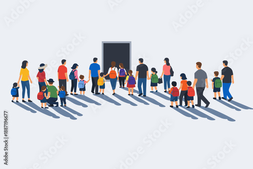 Diverse group of adults and children approaching open door with backpacks