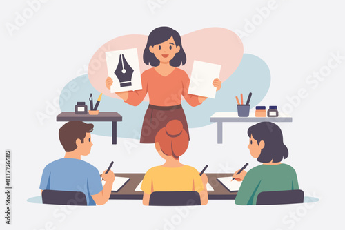 Female art instructor teaching diverse young adults in drawing class