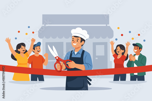 Male adult cutting ribbon at store opening celebration with cheerful crowd
