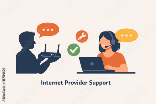 Male technician assisting female customer with internet issues, online support interaction