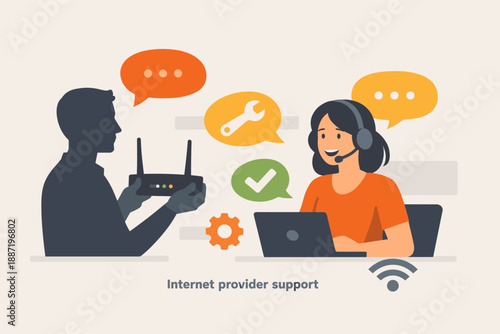 Female asian young support agent assisting customer with internet issues