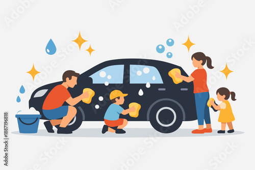 Family washing car together outdoors