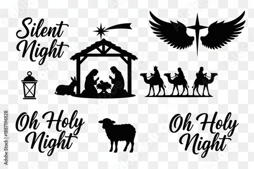 Silent Night Nativity Scene Illustration, Christmas Celebration, Religious Environment, Classic Design, Spiritual Atmosphere