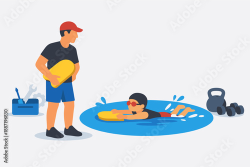 Male instructor supervising child learning to swim with kickboard in pool