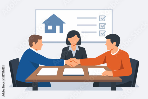Successful real estate deal: three adults in meeting with handshake and agreement checklist