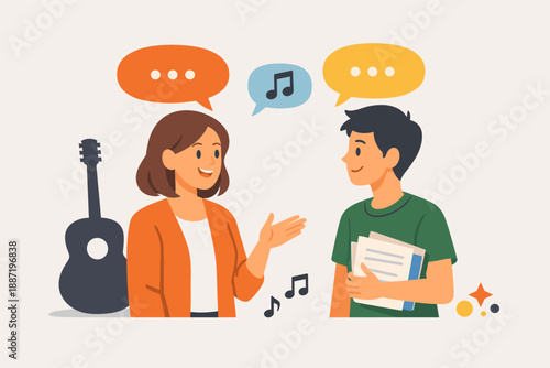 Young caucasian female and male teenagers talking about music with guitar