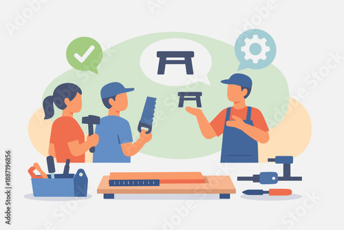 Team of diverse carpenters collaborating in workshop with tools and plans