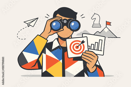 Young asian male analyzing data with binoculars and charts for strategic planning