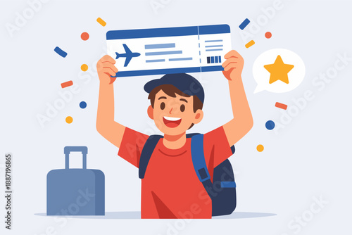 Cheerful young male traveler holding airline ticket with luggage