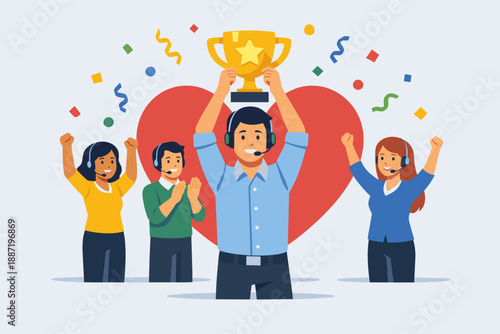 Diverse customer support team celebrates achievement with trophy and heart symbol