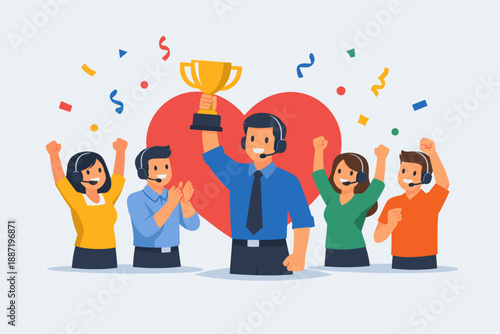 Team celebration: diverse group of call center professionals with trophy
