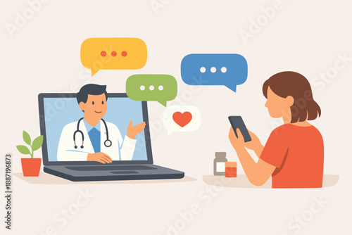 Online medical consultation with doctor on laptop and female patient using smartphone