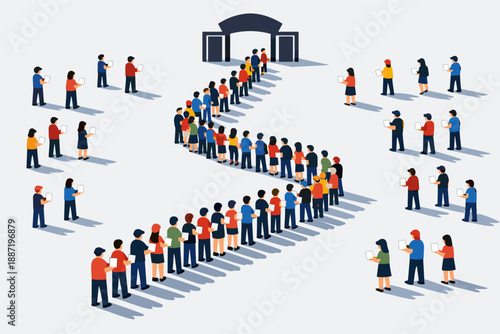 Diverse crowd of adults waiting in a long line at entrance