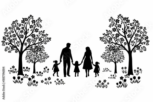 Silhouette of Parents and Children in a Park Setting, Illustrative Artwork
