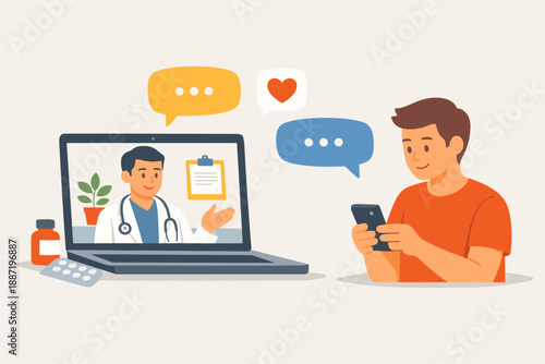 Young hispanic male using smartphone for telemedicine with asian male doctor on laptop screen