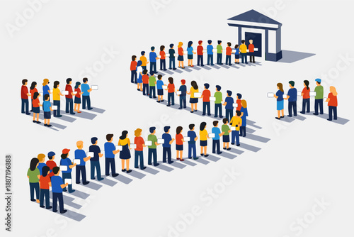 Long queue of diverse adults waiting outside building