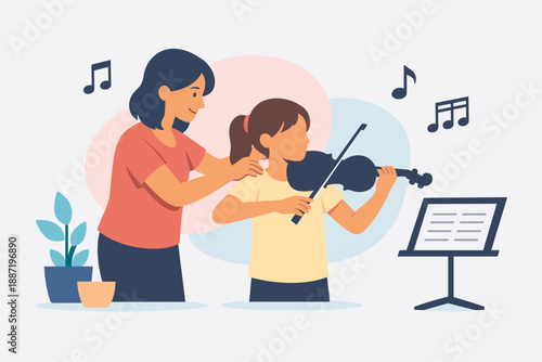 Young caucasian girl receiving violin lessons from female instructor with music notes