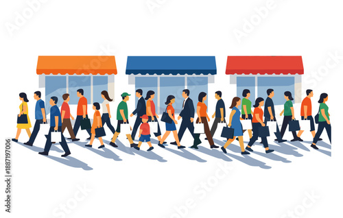 Diverse people walking in front of storefronts in an urban setting