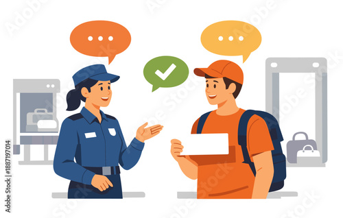 Young asian female security officer engaging with young caucasian male traveler at airport checkpoint