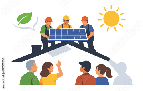 Renewable energy installation by diverse workers promoting solar power awareness