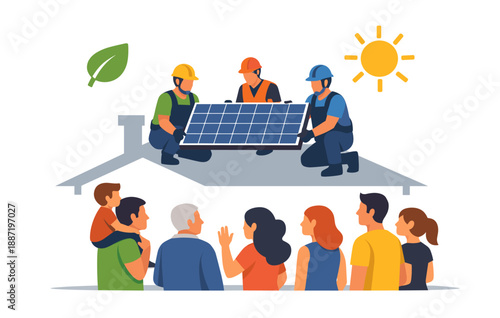 Diverse group observing workers installing solar panels on rooftop