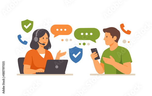 Female customer service representative assisting male customer over phone and laptop interaction