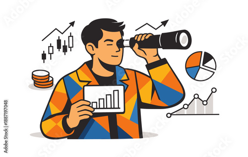 Young asian male analyzing data with tablet and telescope in a business environment