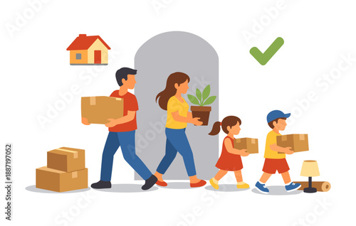 Family moving boxes into new home with children and parents