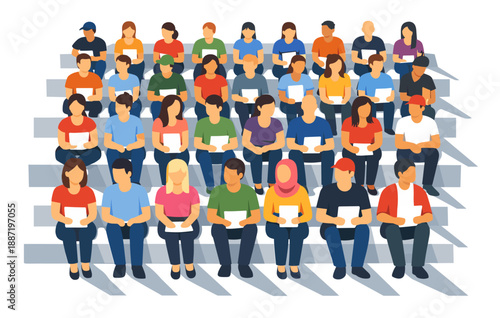 Diverse group of young adults sitting in rows on steps with papers