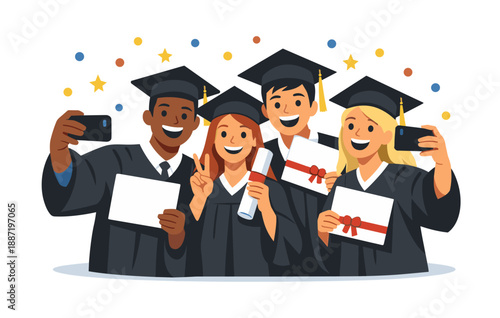 Diverse group of young graduates celebrating with selfies and diplomas