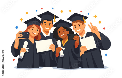 Diverse group of young adults celebrating graduation with selfies and diplomas