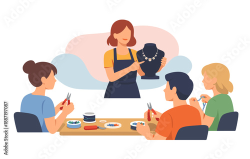 Jewelry making class with diverse young adults guided by female instructor