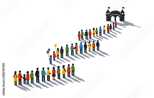 Long queues of diverse people waiting in line outside a castle in flat design