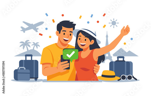 Happy diverse couple celebrating vacation with smartphone selfie and travel icons