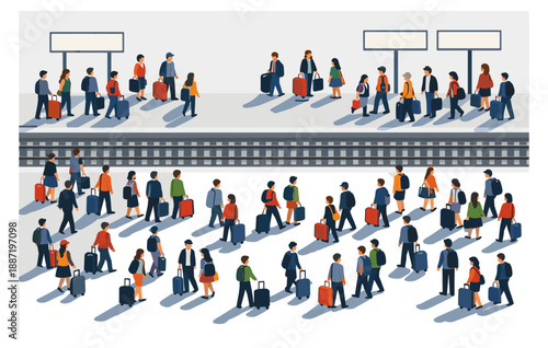 Crowd of diverse people with luggage at train station