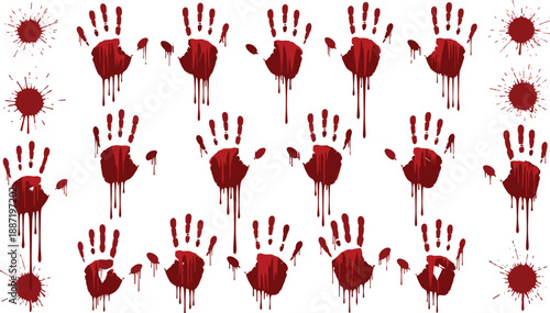 Bloody handprint splatter pattern with dripping red paint, horror crime scene texture elements, grunge Halloween background illustration isolated on white background