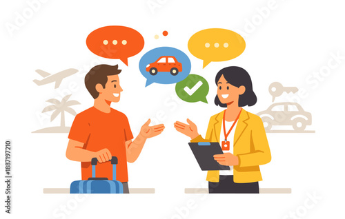 Young caucasian male discussing car rental with asian female rental agent