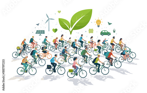 Diverse group of young adults biking for environmental awareness and sustainability