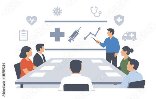 Diverse healthcare meeting with presentation on medical trends and vaccination