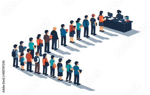 Queue of diverse individuals waiting at a service desk in an isometric illustration