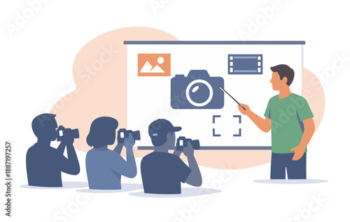 Photography workshop presentation: male instructor teaching diverse group