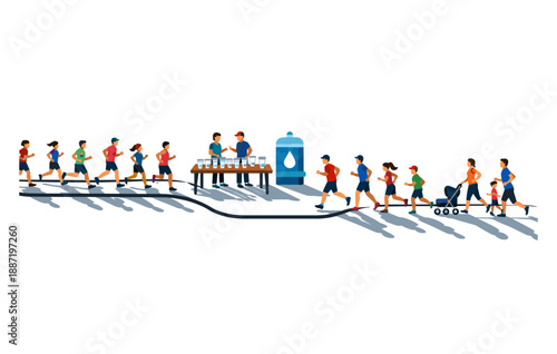 Vibrant marathon with runners and water station on a sunlit day
