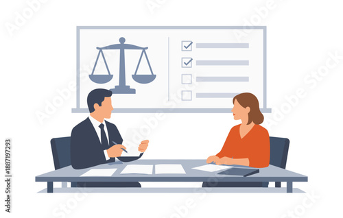 Business meeting with male and female discussing legal matters at office table