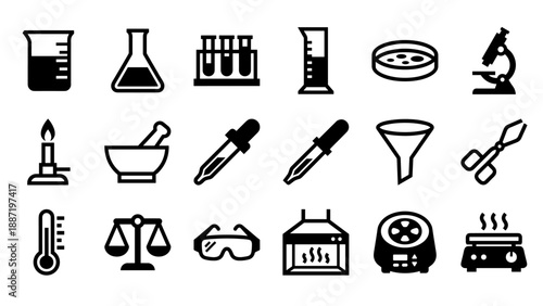 Science laboratory equipment icons set. Vector geometric glyph style symbols for chemistry biology medical research. Experiment tools silhouette. Beaker microscope test tube flask kit