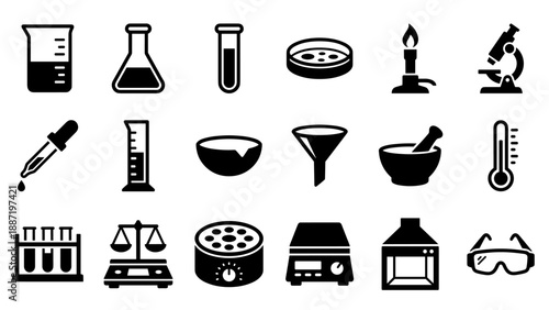 Science laboratory equipment icons. Chemistry research symbols. Biology experiment tools. Microscope, beaker, flask, test tube. Medical education glyph silhouettes. Vector black illustration