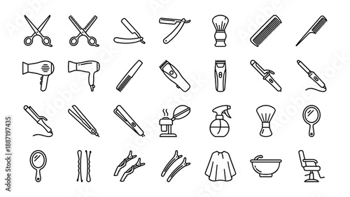 Hair salon and barber shop tools icon set. Professional hairdressing equipment. Thin line art style. Grooming accessories. Scissors comb razor dryer. Beauty symbols. Outline.